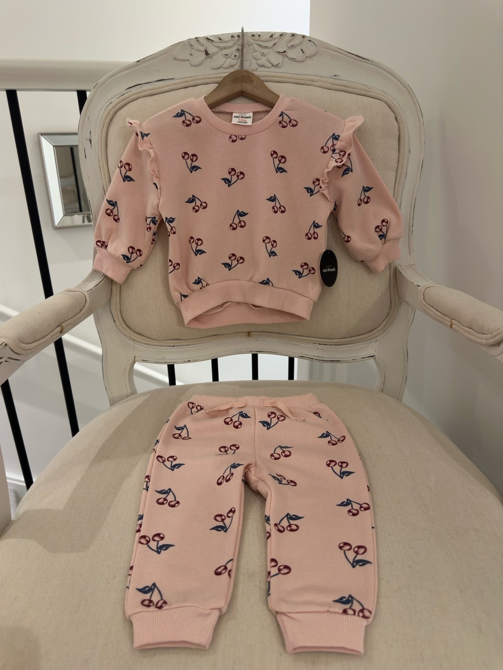 🍒 12 Mth Petit Lem Ruffled Cherry Print Sweatshirt and Pants 2 Pc Set Pink NWT